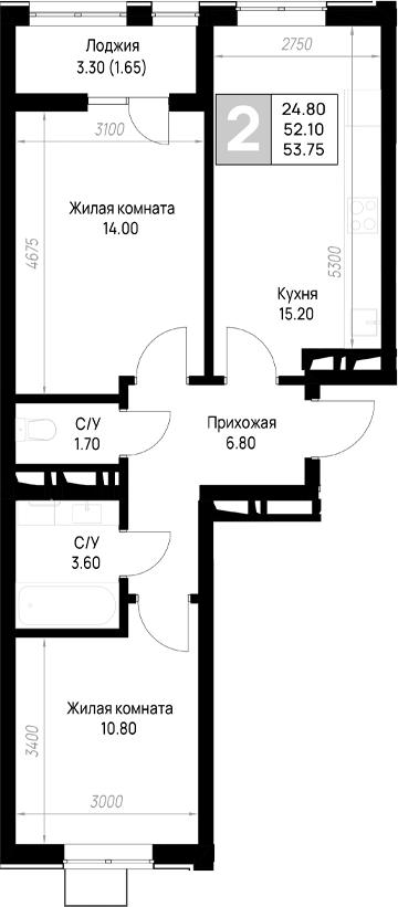2-комн., 51.8 м², 3/9 этаж, ЖК «На высоком берегу»