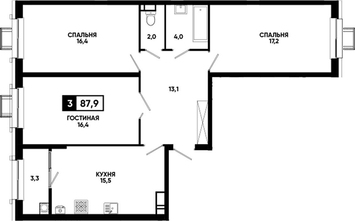 3-комн., 84.6 м², 12/12 этаж, ЖК «Кварталы 17/77»