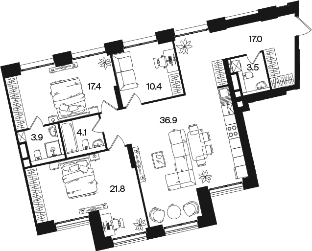 4+ комнаты, 115 м², 3/18 этаж, ЖК «РАКУРС»