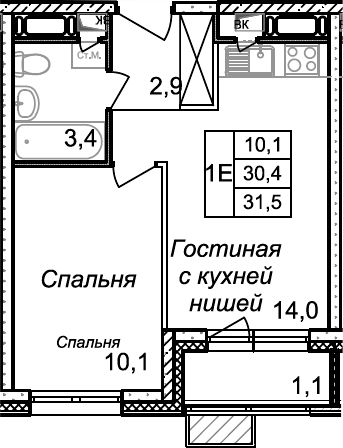 2-комн., 30.4 м², 15/17 этаж, ЖК «Квартал Светлый»