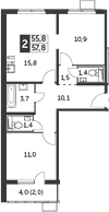 3-комн., 55.8 м², 23/23 этаж, ЖК «Южная Битца»