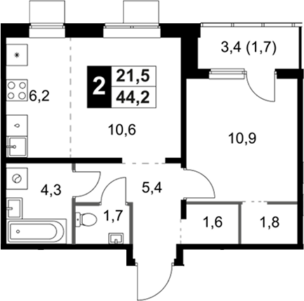2-комн., 42.5 м², 7/18 этаж, ЖК «1-й Ясеневский»