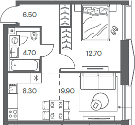 2-комн., 42.1 м², 20/32 этаж, ЖК «Инджой»