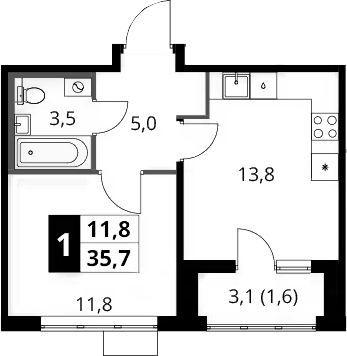1-комн., 34.1 м², 15/16 этаж, ЖК «1-й Шереметьевский»