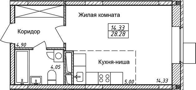 Студия, 28.28 м², 3/8 этаж, ЖК «Солнечный»