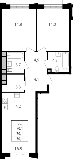 3-комн., 70.1 м², 14/15 этаж, ЖК «Михалковский»