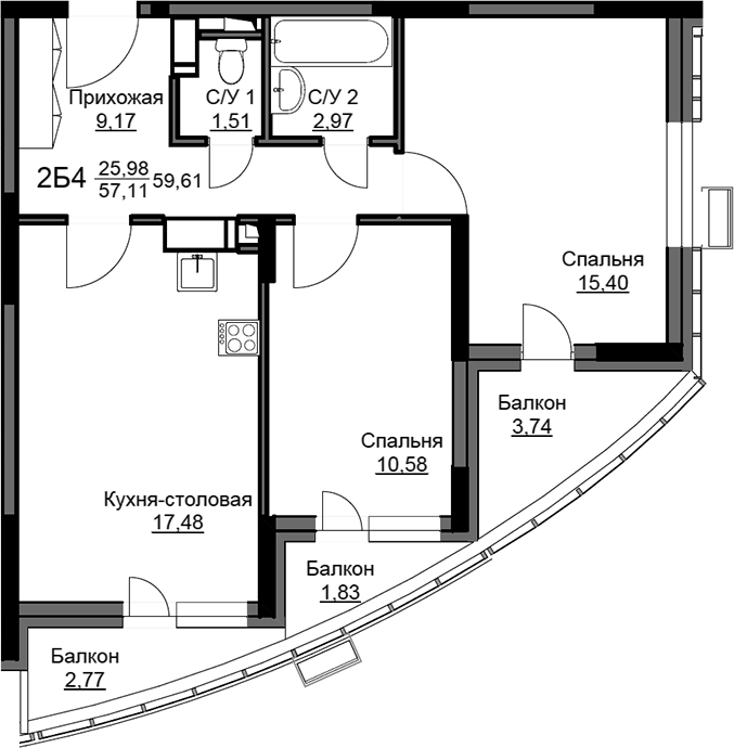 3-комн., 57.7 м², 17/17 этаж, ЖК «Соболевка»