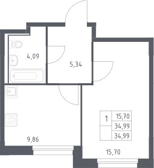 1-комн., 34.99 м², 10/11 этаж, ЖК «Прибрежный Парк»