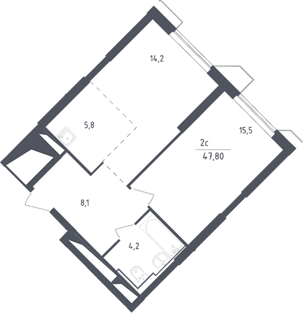 2-комн., 47.8 м², 22/30 этаж, ЖК «Скай Спутник»