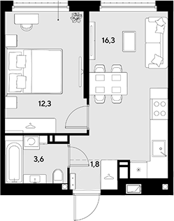 1-комн., 34 м², 17/18 этаж, ЖК «Грейд»
