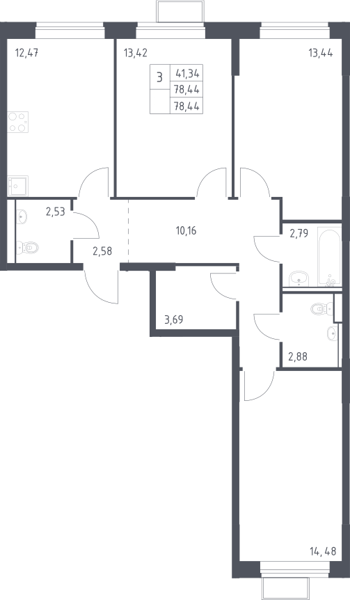 3-комн., 78.44 м², 16/16 этаж, ЖК «Молжаниново»