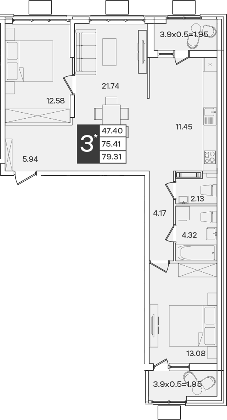 3-комн., 75.41 м², 5/9 этаж, ЖК «Сюжеты»