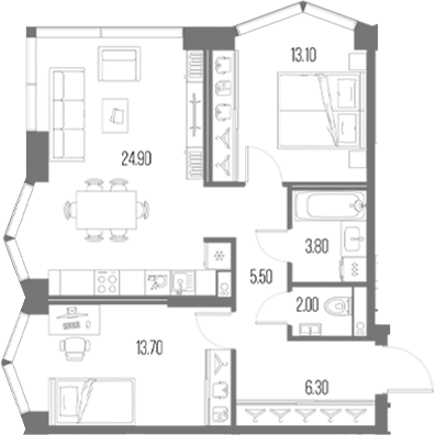 2-комн., 69.4 м², 30/34 этаж, ЖК «Северный Порт»
