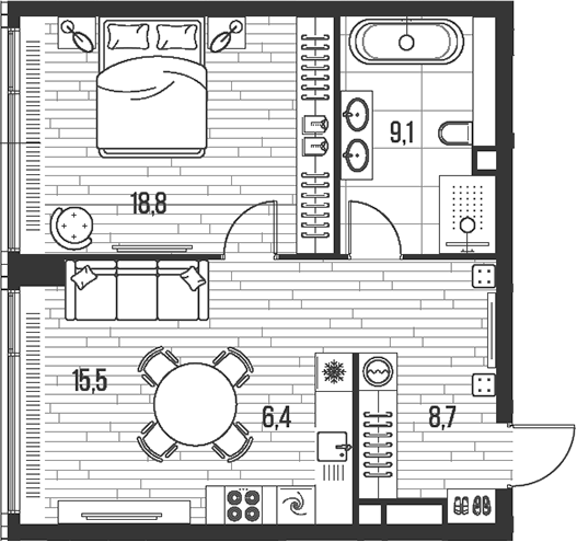 2-комн., 58.5 м², 19/47 этаж, ЖК «HIGH LIFE»