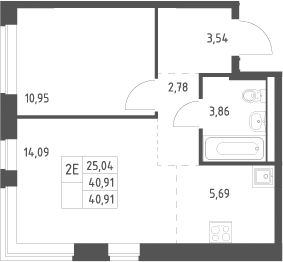 2-комн., 40.91 м², 7/13 этаж, ЖК «Новое Видное»