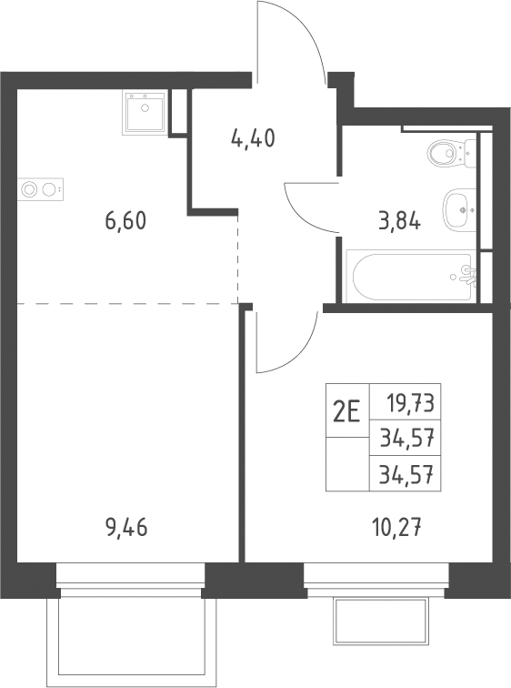 2-комн., 34.57 м², 7/12 этаж, ЖК «Новое Видное»