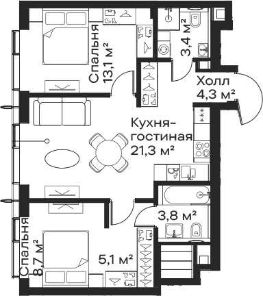 3-комн., 59.7 м², 53/59 этаж, ЖК «Сити Бэй»