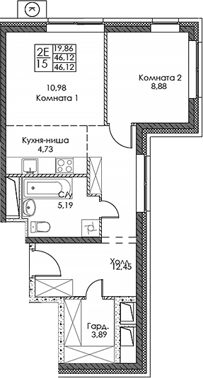 2-комн., 46.12 м², 3/20 этаж, ЖК «ЭВОПАРК Сокольники»