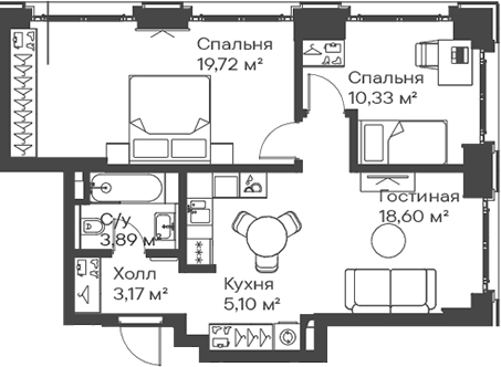 3-комн., 60.81 м², 3/15 этаж, ЖК «Сити Бэй»