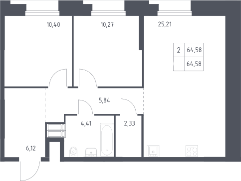 3-комн., 64.58 м², 7/23 этаж, ЖК «Тропарево Парк»