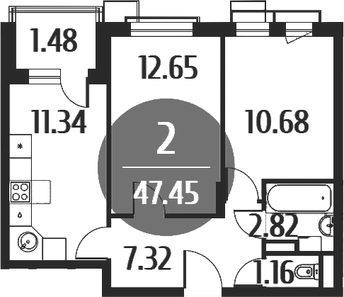 2-комн., 45.82 м², 5/5 этаж, ЖК «Равновесие»