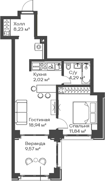 2-комн., 45.32 м², 4/15 этаж, ЖК «Сити Бэй»
