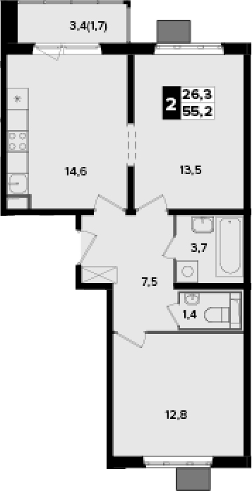 2-комн., 53.5 м², 4/18 этаж, ЖК «Южная Битца»