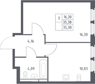 1-комн., 35.38 м², 10/16 этаж, ЖК «Космический Квартал»
