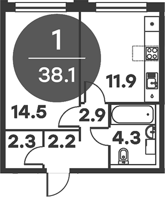 1-комн., 38.1 м², 1/6 этаж, ЖК «Равновесие»