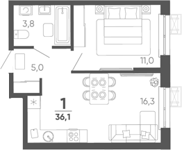 2-комн. квартира, 36.1 м² в ЖК Барса — фото 2