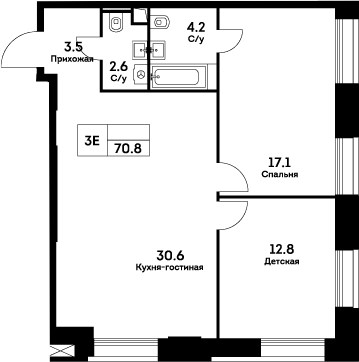 3-комн., 70.8 м², 20/34 этаж, ЖК «ЭВЕР»