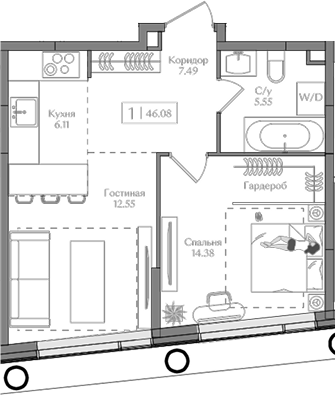 2-комн., 46.08 м², 2/16 этаж, ЖК «Преображенская площадь»