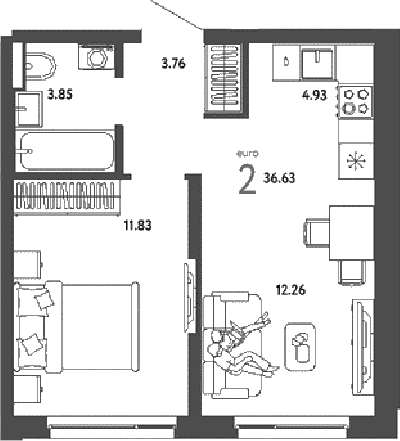 2-комн., 36.63 м², 13/16 этаж, ЖК «Страна.Парковая»