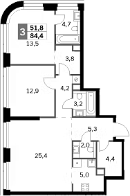 3-комн., 84.4 м², 35/47 этаж, ЖК «Амбер Сити»