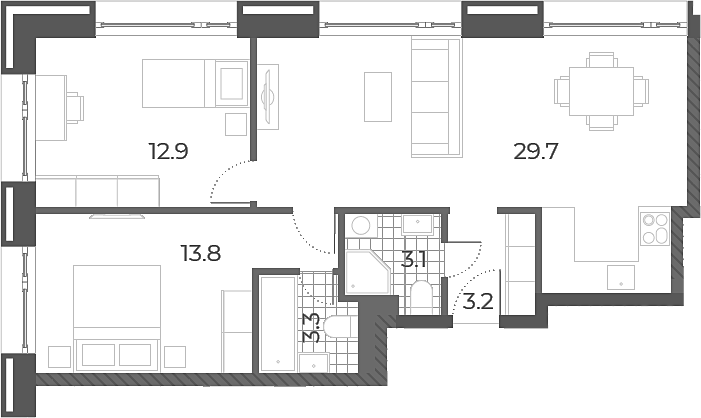 3-комн., 64.9 м², 2/14 этаж, ЖК «Вейв»