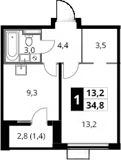 1-комн., 33.4 м², 23/24 этаж, ЖК «1-й Донской»
