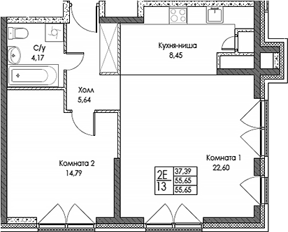 2-комн., 55.65 м², 16/20 этаж, ЖК «ЭВОПАРК Сокольники»