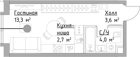 Студия, 23.6 м², 14/20 этаж, ЖК «Левел Павелецкая Сити»