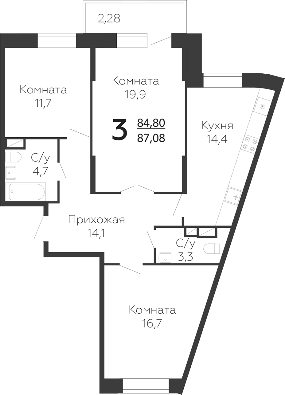 3-комн., 84.8 м², 5/22 этаж, ЖК «Онегин. ГК Развитие»