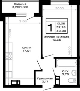 1-комн., 37.28 м², 16/16 этаж, ЖК «Горные высоты»