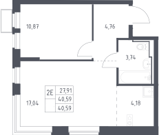 2-комн., 40.59 м², 11/17 этаж, ЖК «Новое Видное»