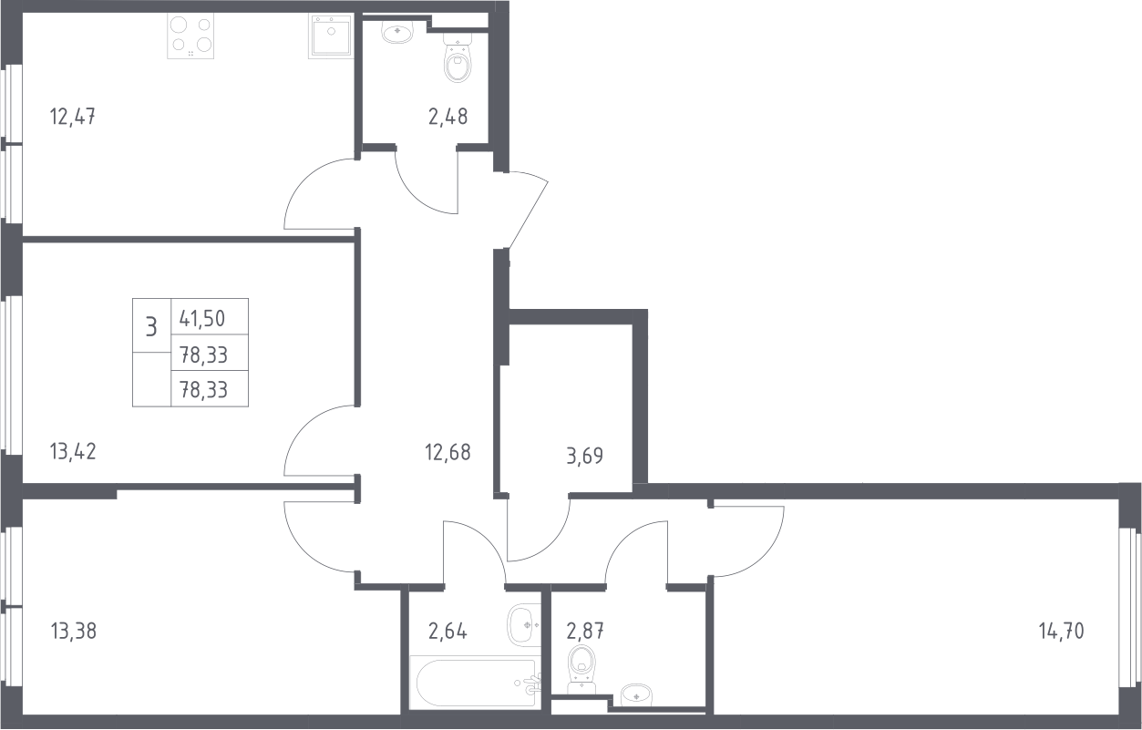 3-комн., 78.33 м², 7/14 этаж, ЖК «Остафьево»