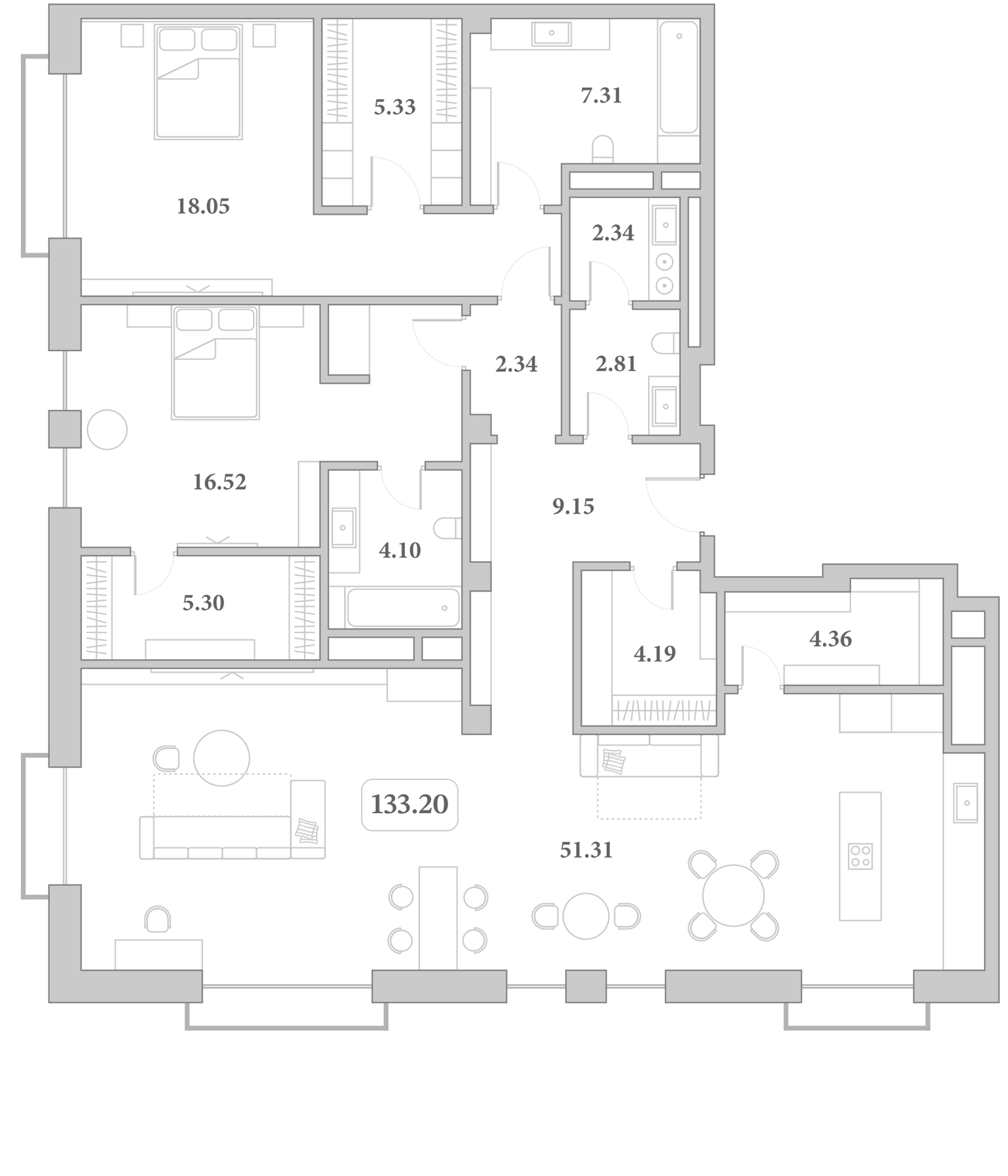 3-комн. квартира, 133.11 м² в ЖК Граф Толстой — фото 2