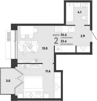 2-комн., 33.6 м², 7/12 этаж, ЖК «Страна.Заречная»