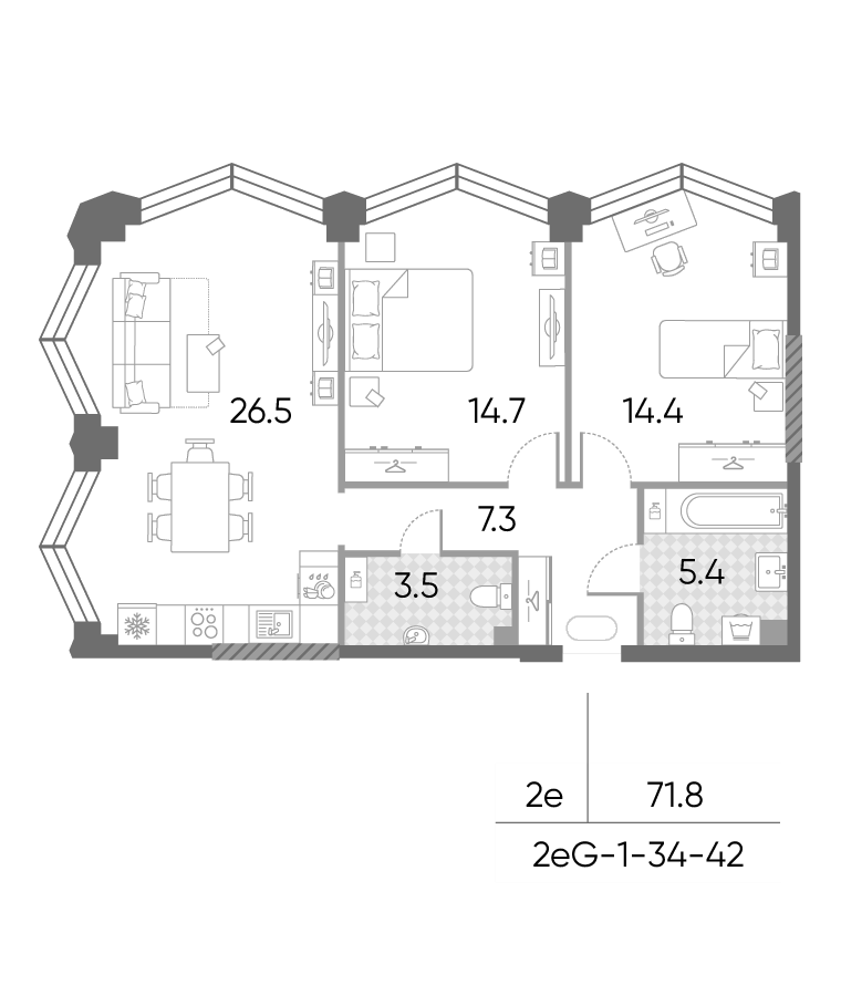 3-комн., 71.8 м², 42/43 этаж, ЖК «ЗилАрт»