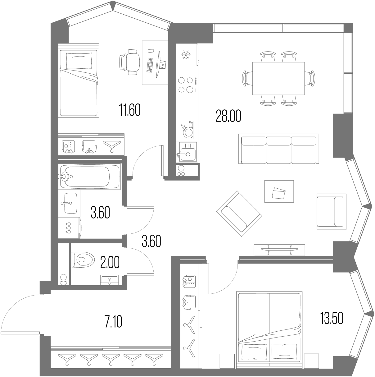 2-комн., 69.4 м², 3/34 этаж, ЖК «Северный Порт»