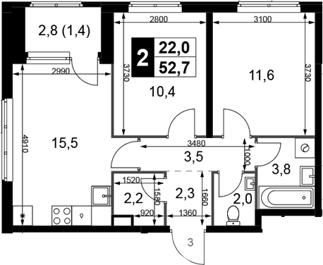 3-комн., 51.3 м², 6/10 этаж, ЖК «1-й Химкинский»