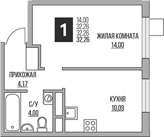 1-комн., 32.26 м², 13/14 этаж, ЖК «Гранель Притяжение Сити»
