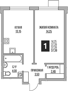 2-комн., 37.39 м², 10/12 этаж, ЖК «Гранель Притяжение Сити»