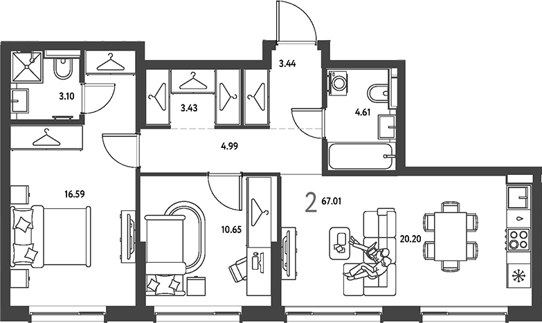 2-комн., 67.01 м², 18/19 этаж, ЖК «Страна.Парковая»